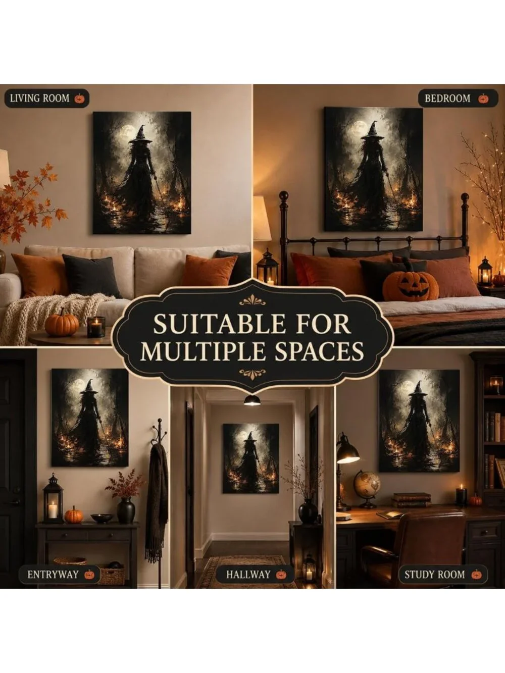 Spooky Halloween Canvas Art - Dark Witch in Enchanted Moonlit Forest Decor